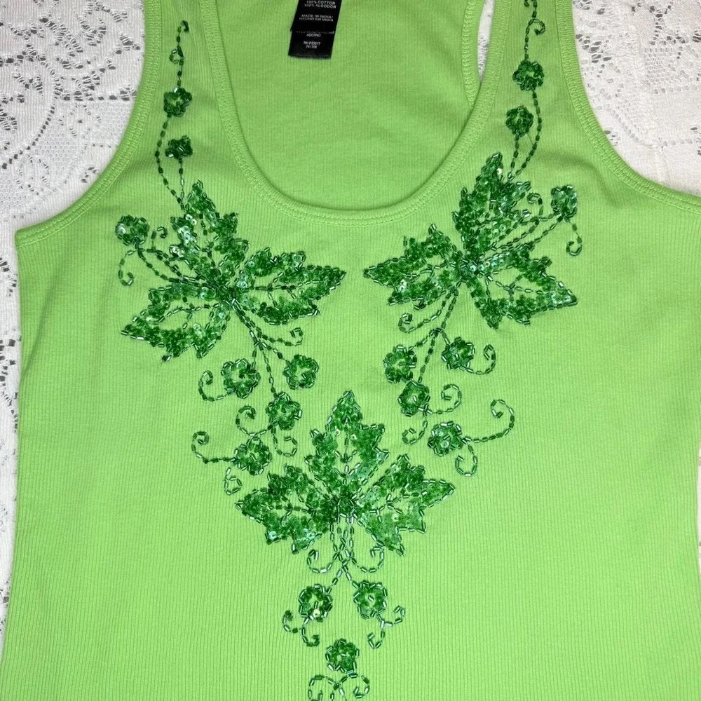 Bisou Bisou Y2K Lime Green Beaded Sequin Floral Tank Top Medium - Picture 4 of 6